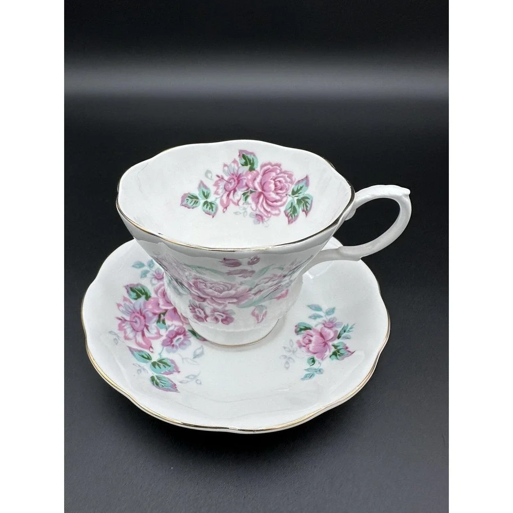 Royal Albert Tea Cup & Saucer ~ Pink Florals Green Leaves ~ Bone‎ China England